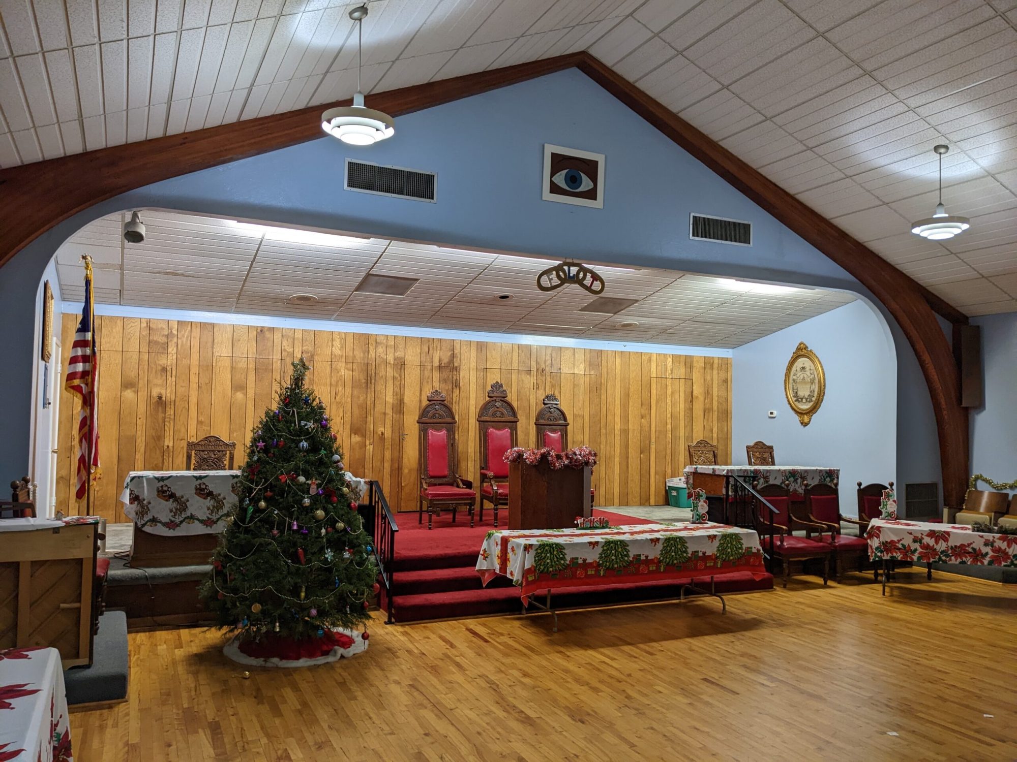 The main hall at True Fellowship 52, decorated for the holiday party