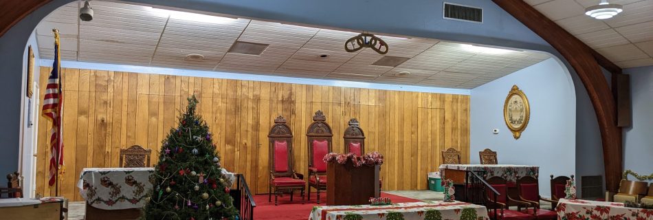 The main hall at True Fellowship 52, decorated for the holiday party